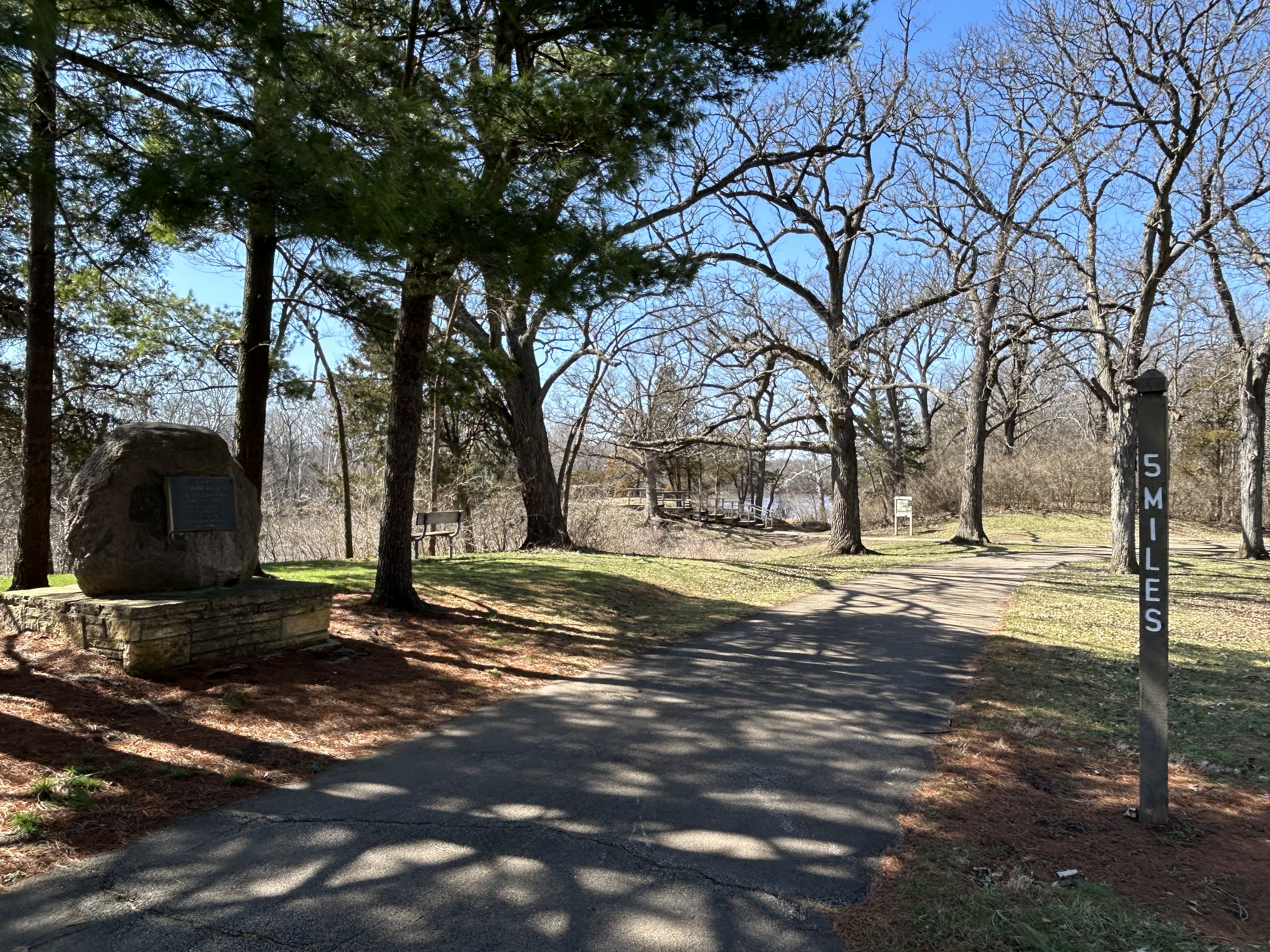 Five-mile marker, which is the halfway point at the Kankakee River State Park.